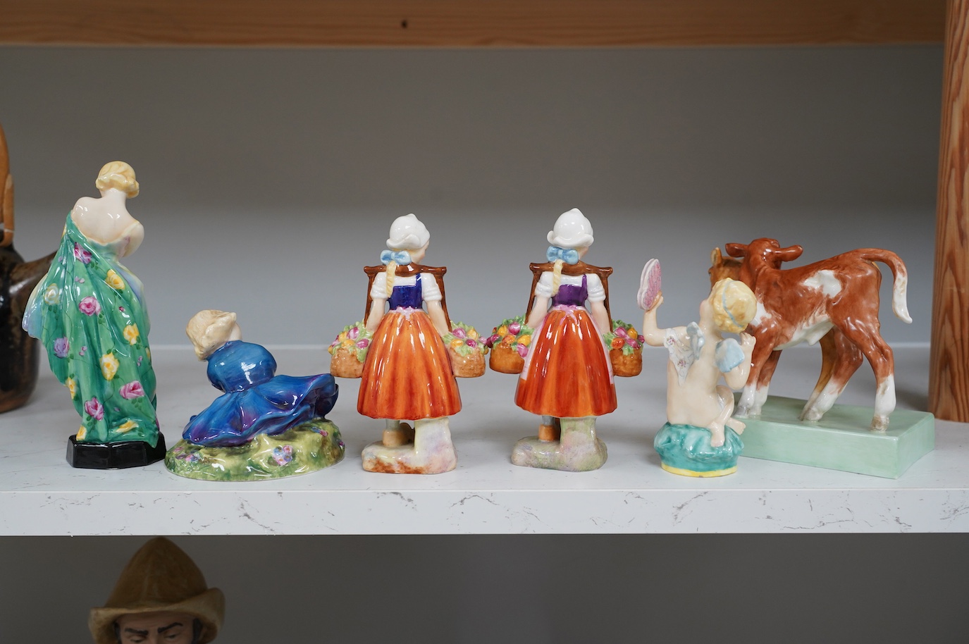 Six Royal Worcester figures, modellers, Lindner, Acheson, Gertner, largest calf 13cm wide. Condition - small chip to ear on calves model